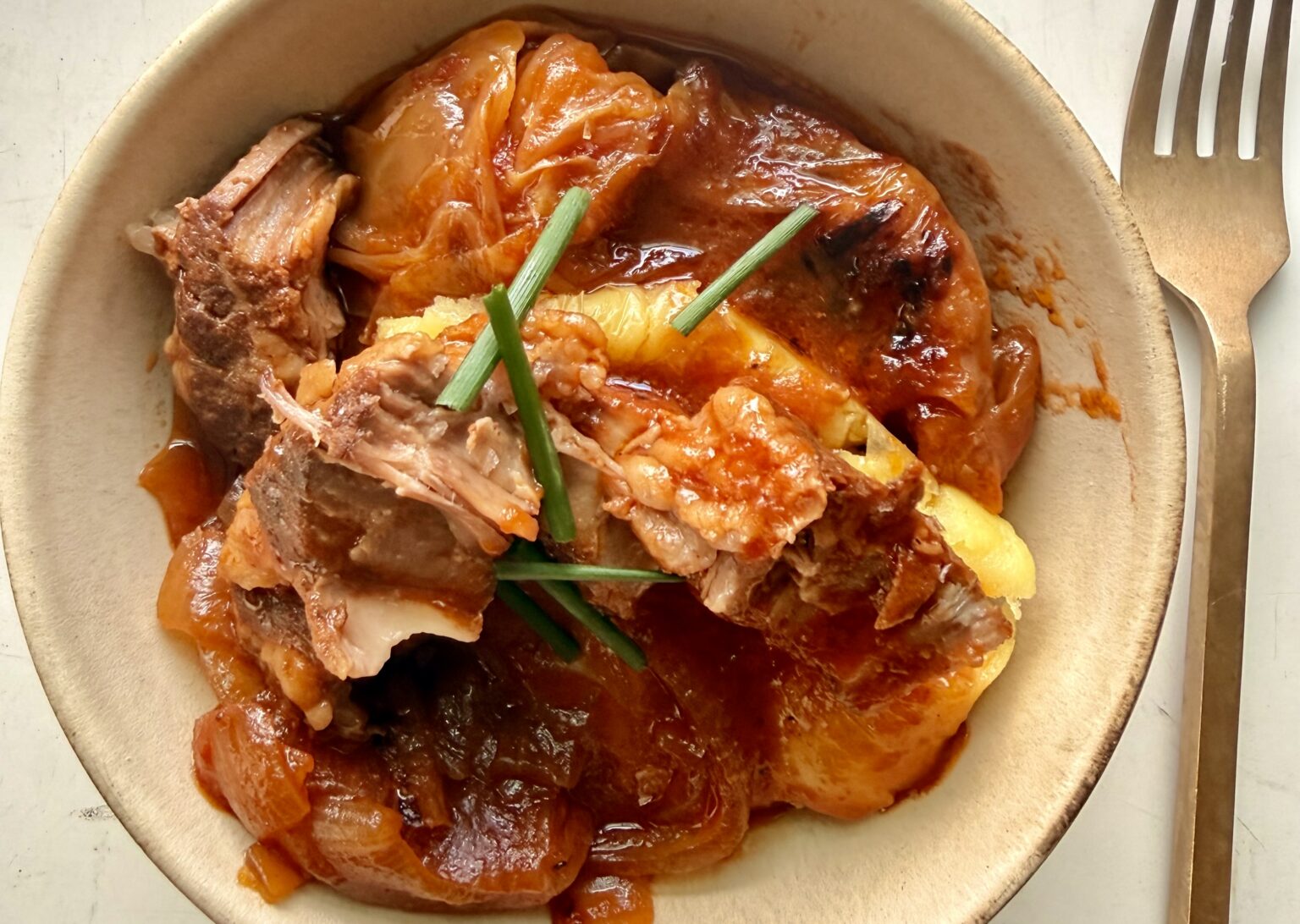 Braised Pork Collar Pot Roast with Cabbage Onion and Potato