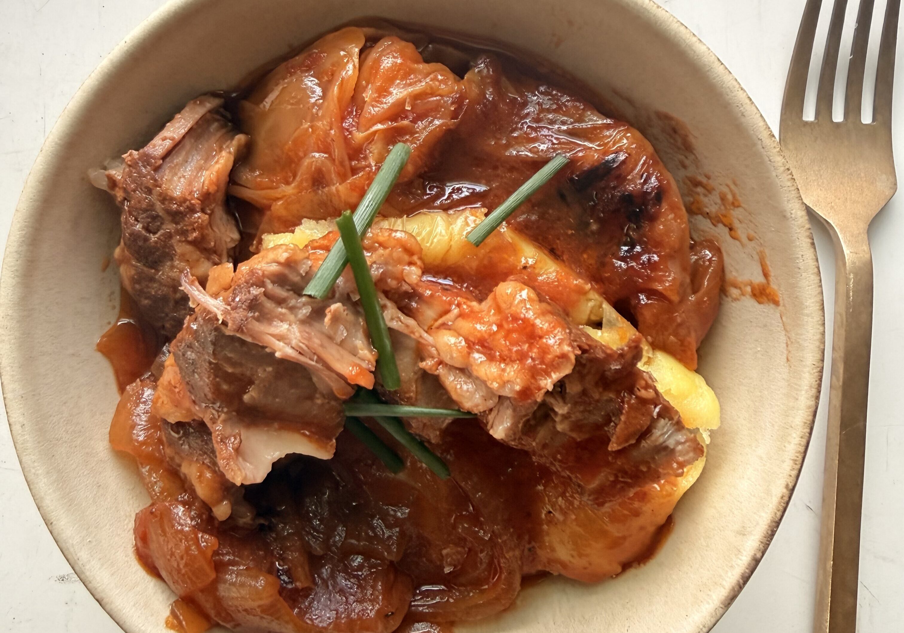 Braised Pork Collar Pot Roast with Cabbage Onion and Potato